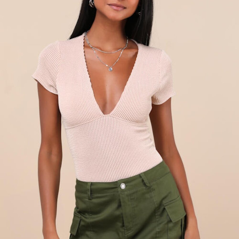Lulus Stylish Appeal Cream Textured Short Sleeve Top White - Size M